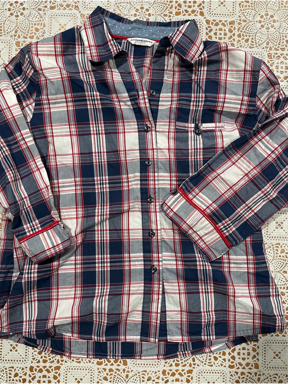 Vintage Alison Daley Petite Plaid Button Up Shirt Shoulder Pads L